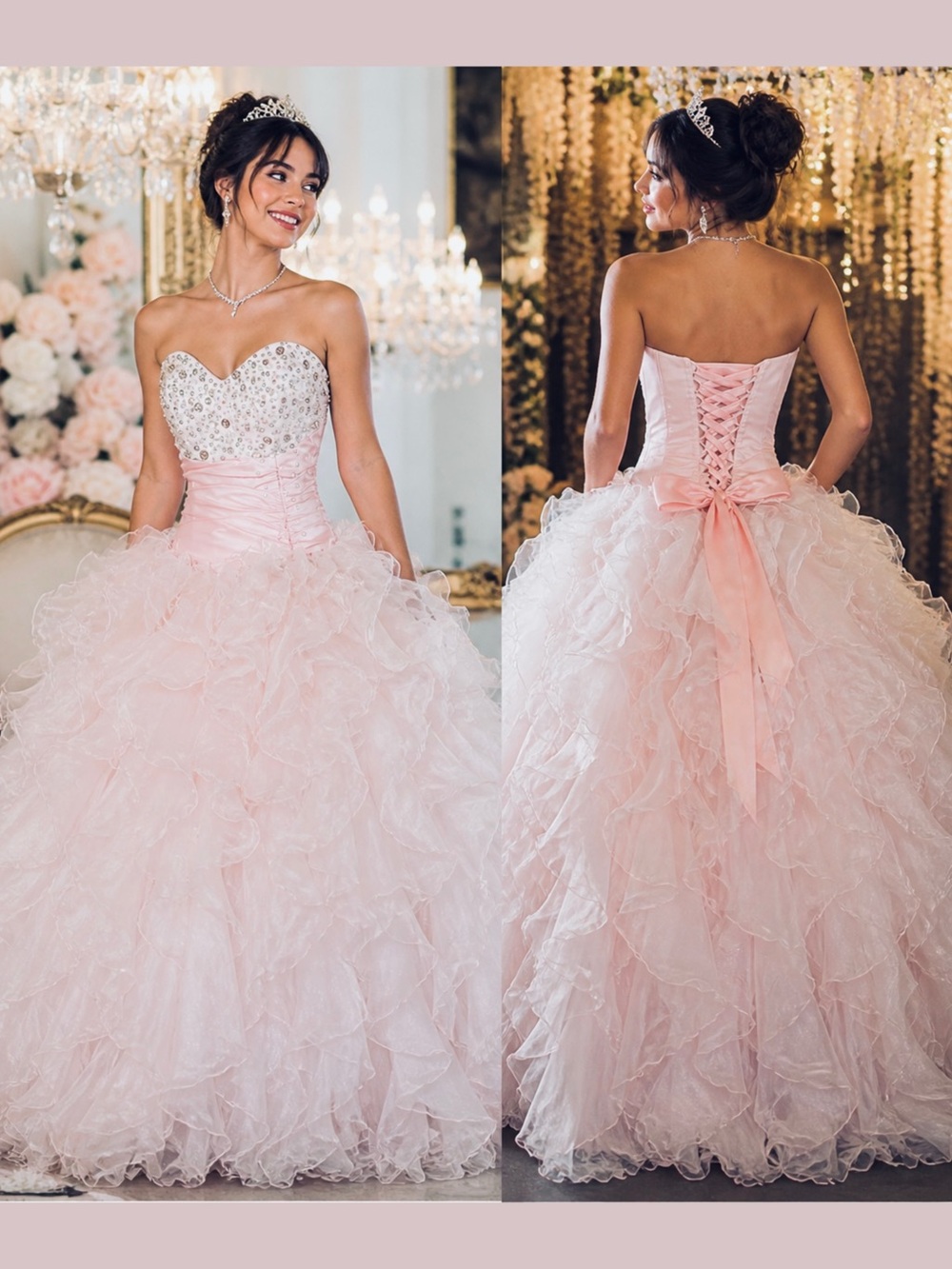 Vintage Handmade Pink White Beaded Prom Quinceanera Dress Corset Ruffle Gown